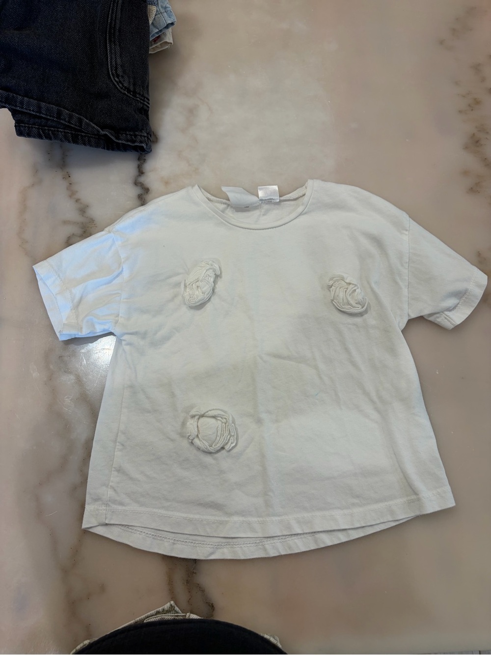 Zara White Short-Sleeve Tee with Rosette Accents